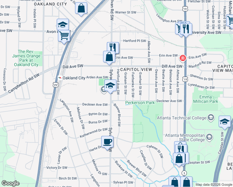 map of restaurants, bars, coffee shops, grocery stores, and more near 1453 Hartford Avenue Southwest in Atlanta