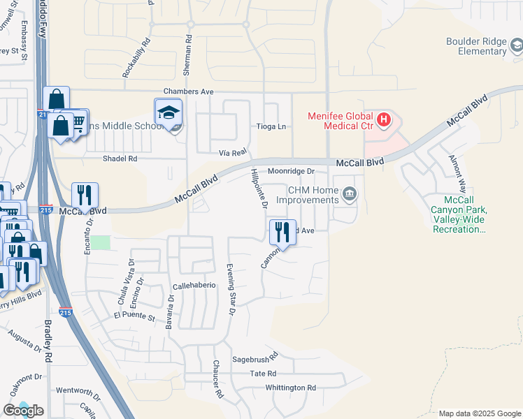 map of restaurants, bars, coffee shops, grocery stores, and more near 27841 Hillpointe Drive in Menifee
