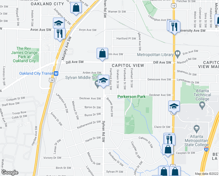 map of restaurants, bars, coffee shops, grocery stores, and more near 1453 Hartford Avenue Southwest in Atlanta