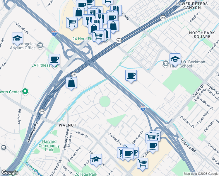 map of restaurants, bars, coffee shops, grocery stores, and more near 21 New Jersey in Irvine