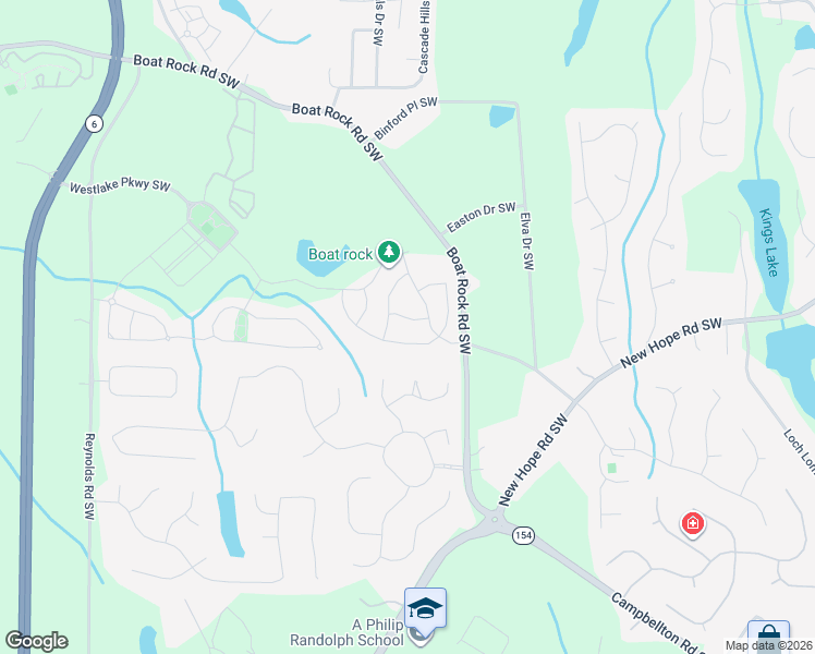 map of restaurants, bars, coffee shops, grocery stores, and more near 5255 Lakerock Way Southwest in Atlanta