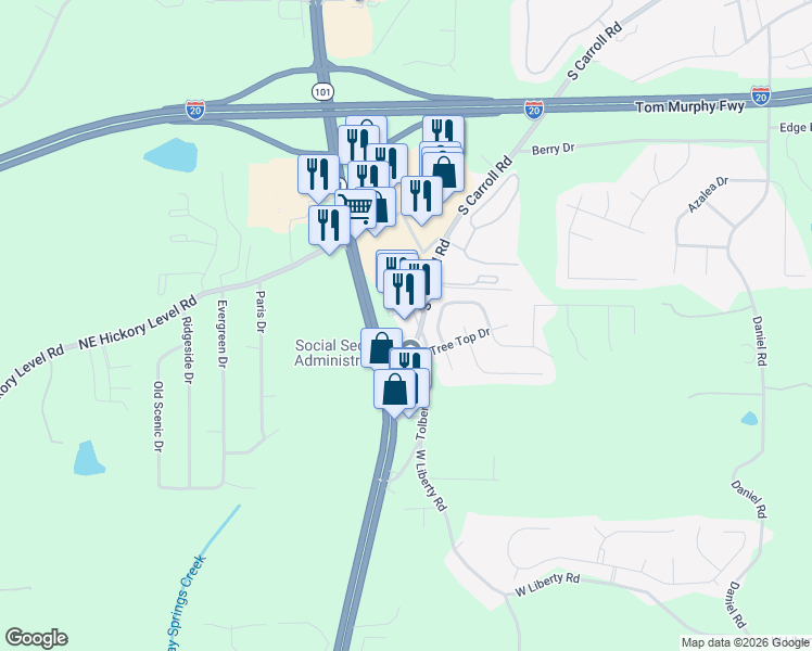 map of restaurants, bars, coffee shops, grocery stores, and more near 901 South Carroll Road in Villa Rica