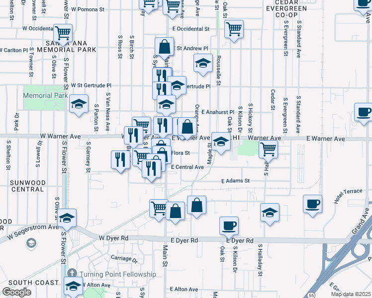 map of restaurants, bars, coffee shops, grocery stores, and more near 207 Flora Street in Santa Ana