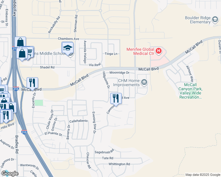 map of restaurants, bars, coffee shops, grocery stores, and more near 27831 Hillpointe Drive in Menifee
