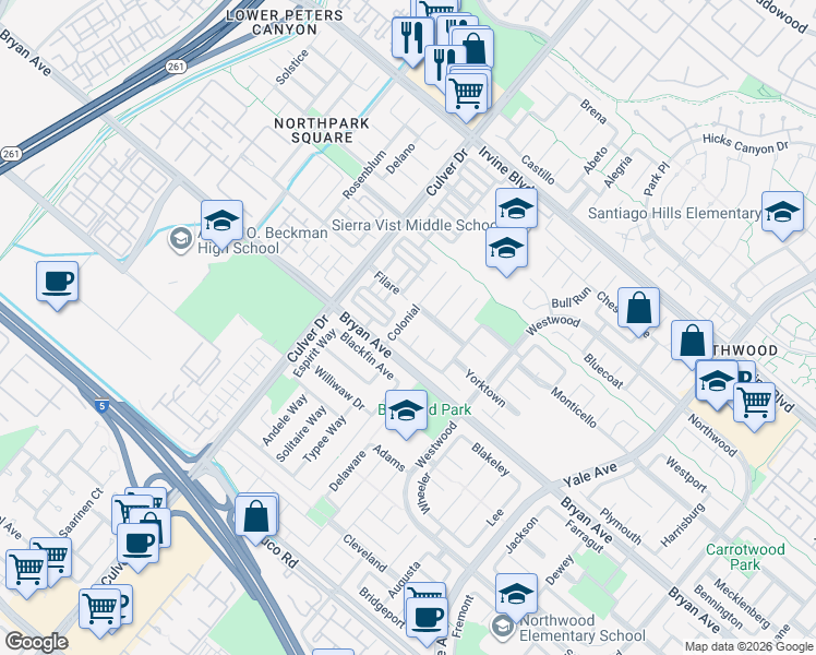 map of restaurants, bars, coffee shops, grocery stores, and more near 11 Colonial in Irvine