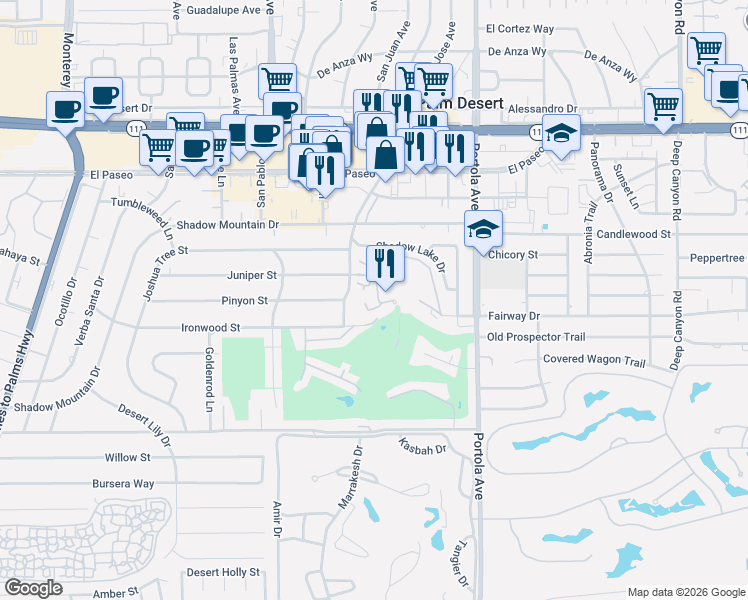 map of restaurants, bars, coffee shops, grocery stores, and more near 45775 Juniper Circle in Palm Desert