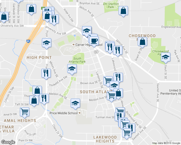 map of restaurants, bars, coffee shops, grocery stores, and more near 77 Thayer Avenue Southeast in Atlanta