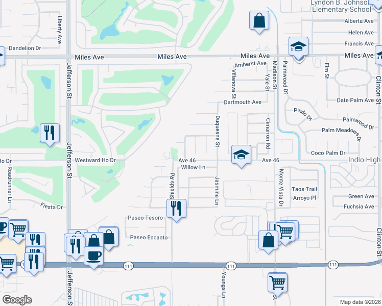 map of restaurants, bars, coffee shops, grocery stores, and more near 45938 Rutgers Street in Indio