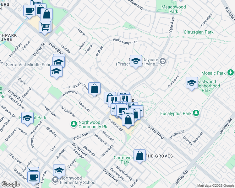 map of restaurants, bars, coffee shops, grocery stores, and more near 34 Christamon South in Irvine