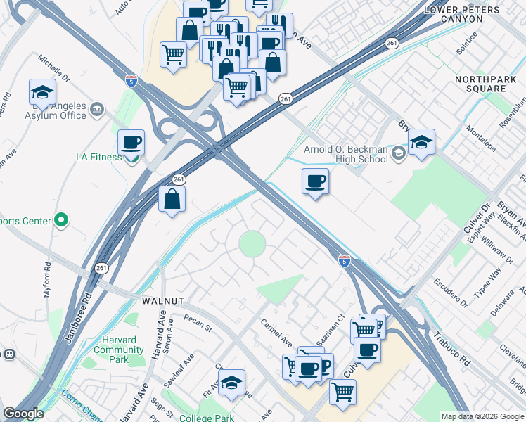 map of restaurants, bars, coffee shops, grocery stores, and more near 16 New Hampshire in Irvine