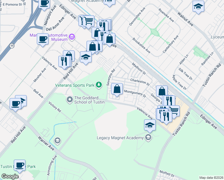map of restaurants, bars, coffee shops, grocery stores, and more near 1409 Montgomery Street in Tustin