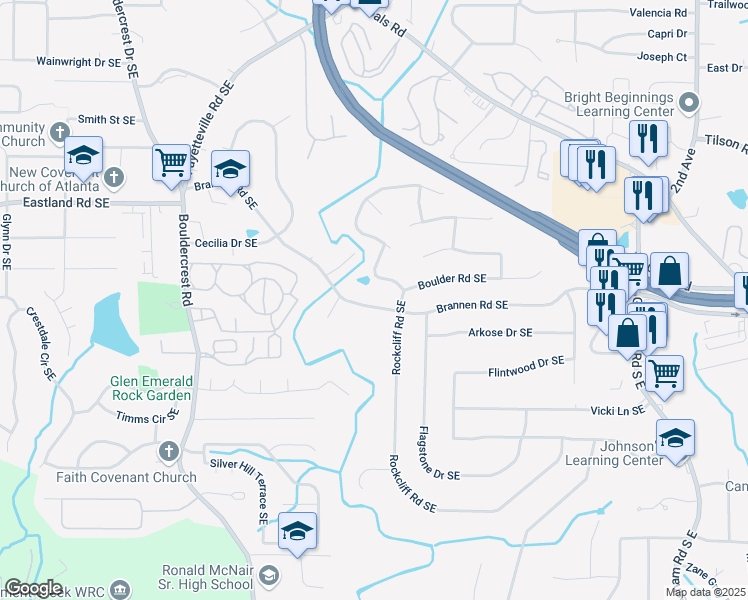 map of restaurants, bars, coffee shops, grocery stores, and more near 2052 Brannen Road Southeast in Atlanta