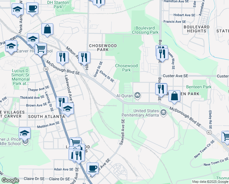 map of restaurants, bars, coffee shops, grocery stores, and more near 1426 Eric Street Southeast in Atlanta