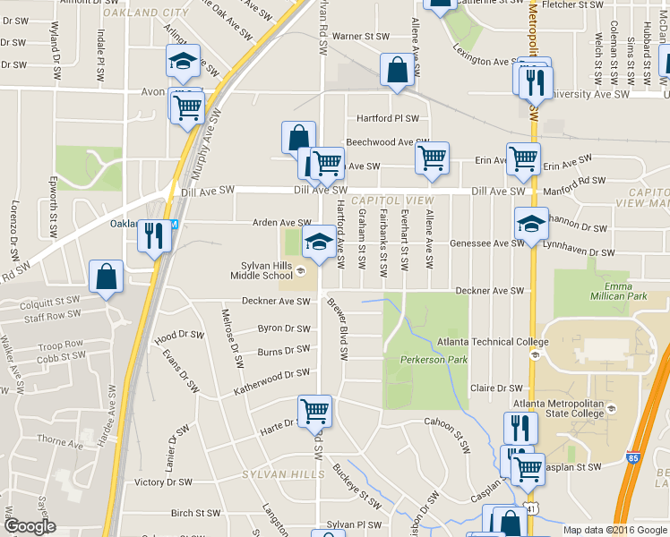 map of restaurants, bars, coffee shops, grocery stores, and more near 1453 Hartford Avenue Southwest in Atlanta