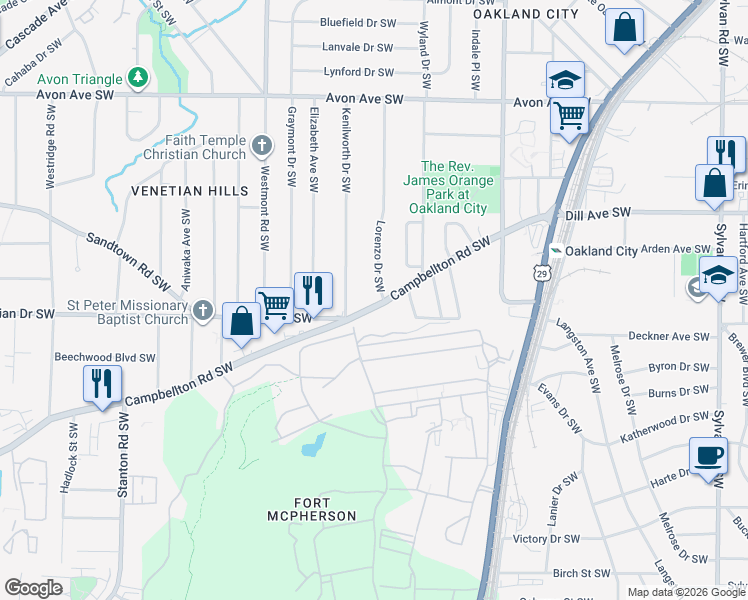 map of restaurants, bars, coffee shops, grocery stores, and more near 1437 Lorenzo Drive Southwest in Atlanta