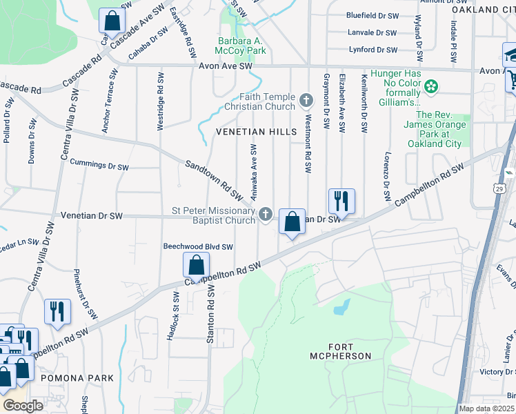 map of restaurants, bars, coffee shops, grocery stores, and more near 1599 Sandtown Road Southwest in Atlanta