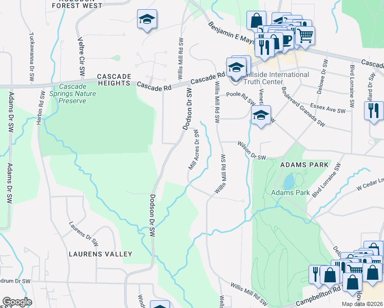 map of restaurants, bars, coffee shops, grocery stores, and more near 1477 Mill Acres Drive Southwest in Atlanta