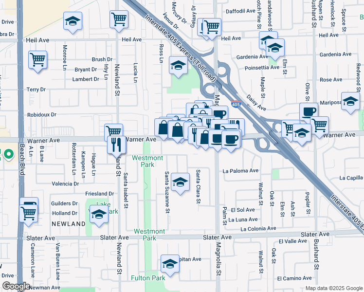 map of restaurants, bars, coffee shops, grocery stores, and more near 8800 Warner Avenue in Fountain Valley