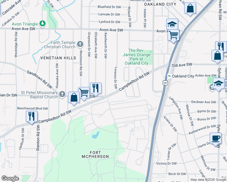 map of restaurants, bars, coffee shops, grocery stores, and more near 1437 Lorenzo Drive Southwest in Atlanta