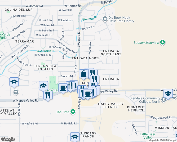 map of restaurants, bars, coffee shops, grocery stores, and more near 6606 West Saddlehorn Road in Phoenix
