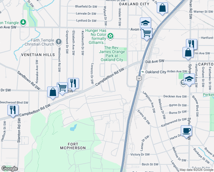 map of restaurants, bars, coffee shops, grocery stores, and more near 1449 Ryan Street Southwest in Atlanta
