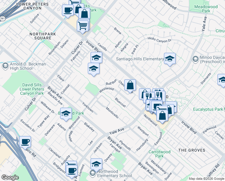 map of restaurants, bars, coffee shops, grocery stores, and more near 5 Yankee in Irvine