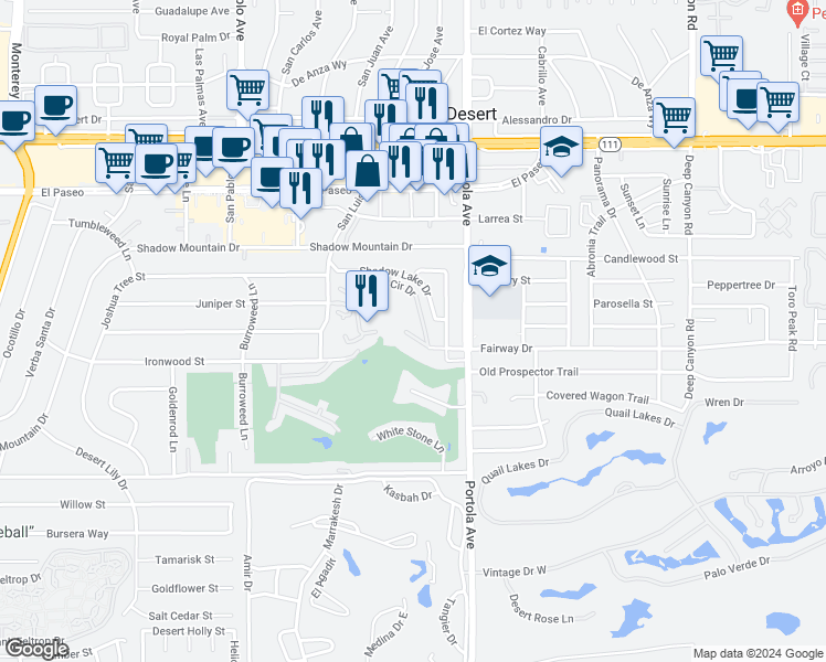 map of restaurants, bars, coffee shops, grocery stores, and more near 73850 Fairway Drive in Palm Desert