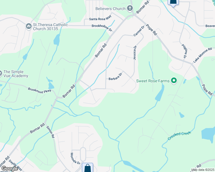 map of restaurants, bars, coffee shops, grocery stores, and more near 3299 Carmel Drive in Douglasville