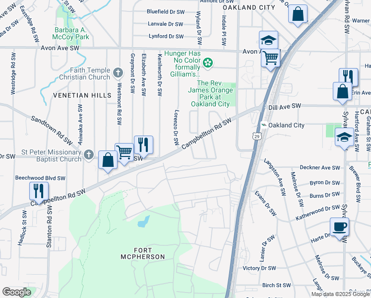 map of restaurants, bars, coffee shops, grocery stores, and more near 1342 Campbellton Road Southwest in Atlanta