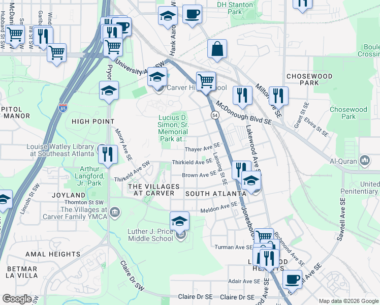 map of restaurants, bars, coffee shops, grocery stores, and more near 49 Thayer Avenue Southeast in Atlanta