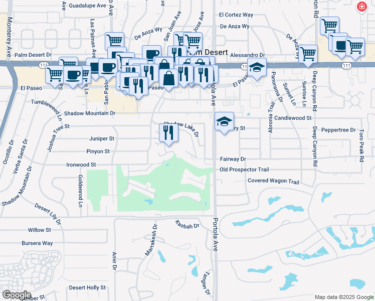map of restaurants, bars, coffee shops, grocery stores, and more near 2 Palm Desert Drive North in Palm Desert