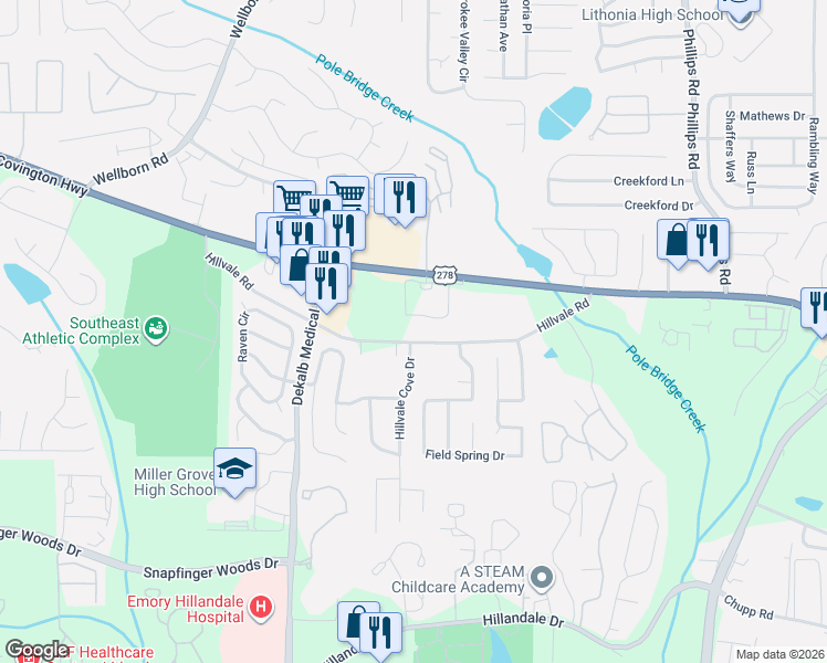 map of restaurants, bars, coffee shops, grocery stores, and more near 6030 Hillvale Road in Lithonia