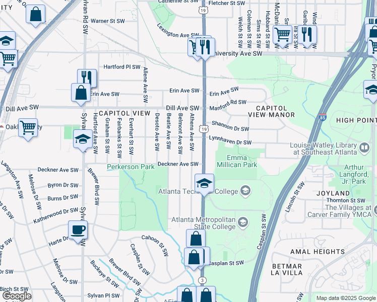 map of restaurants, bars, coffee shops, grocery stores, and more near 1449 Athens Avenue Southwest in Atlanta