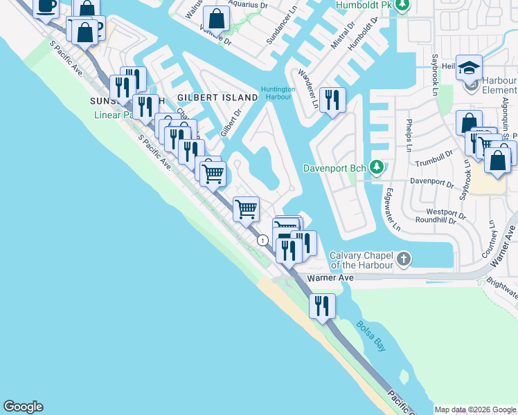 map of restaurants, bars, coffee shops, grocery stores, and more near 16992 Marina Bay Drive in Huntington Beach