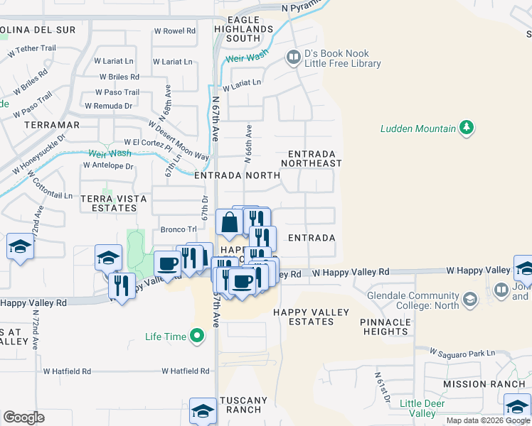 map of restaurants, bars, coffee shops, grocery stores, and more near 6507 West Saddlehorn Road in Phoenix
