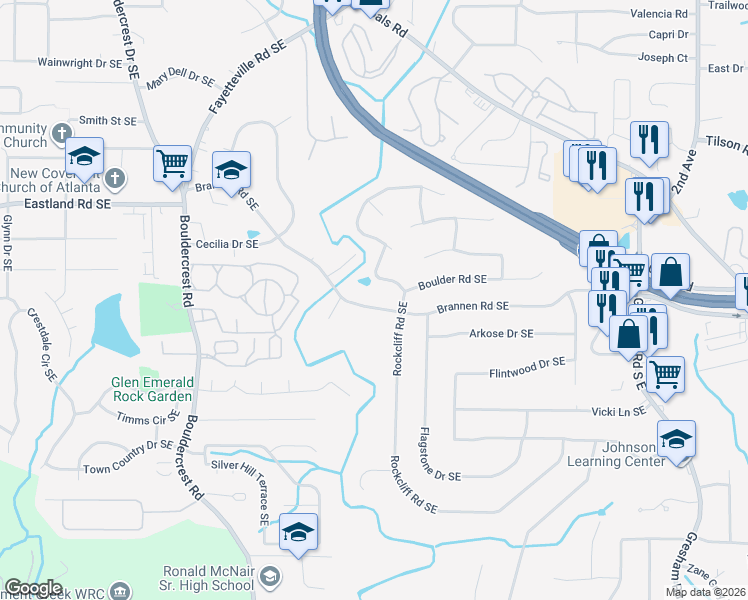 map of restaurants, bars, coffee shops, grocery stores, and more near 2034 Brannen Road Southeast in Atlanta