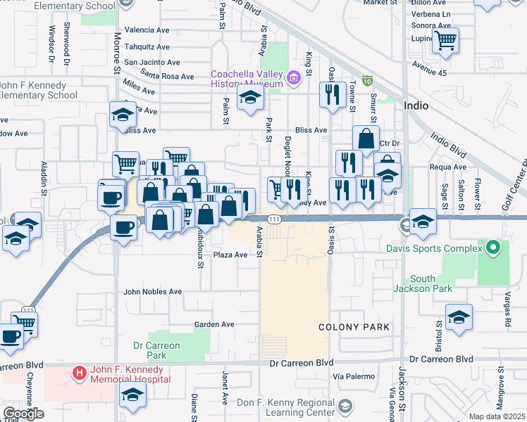 map of restaurants, bars, coffee shops, grocery stores, and more near 82590 California 111 in Indio