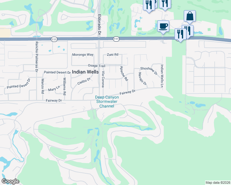 map of restaurants, bars, coffee shops, grocery stores, and more near 76160 Fairway Drive in Indian Wells