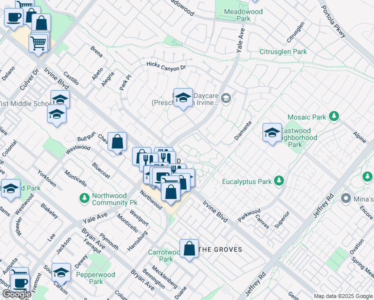 map of restaurants, bars, coffee shops, grocery stores, and more near 211 Lakepines in Irvine