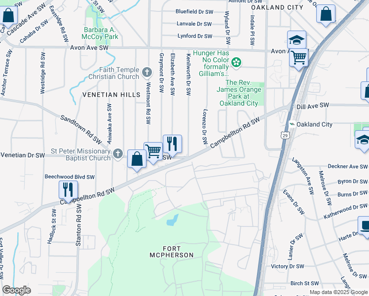 map of restaurants, bars, coffee shops, grocery stores, and more near 1459 Kenilworth Drive Southwest in Atlanta