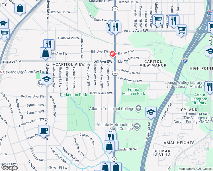 map of restaurants, bars, coffee shops, grocery stores, and more near 1444 Belmont Avenue Southwest in Atlanta