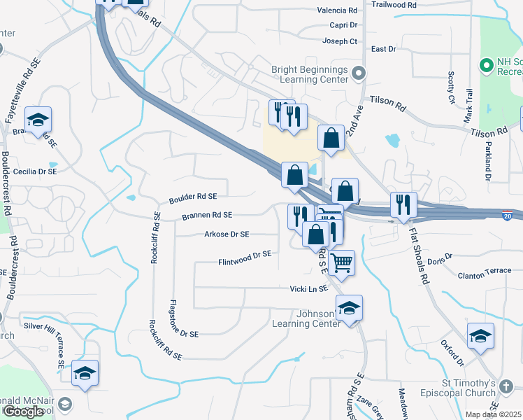 map of restaurants, bars, coffee shops, grocery stores, and more near 2212 Brannen Road Southeast in Atlanta