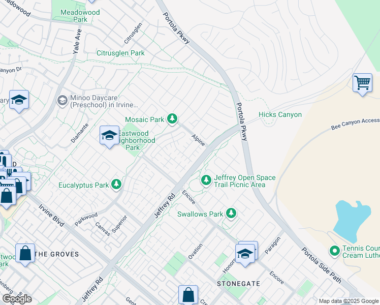 map of restaurants, bars, coffee shops, grocery stores, and more near 71 Singer in Irvine
