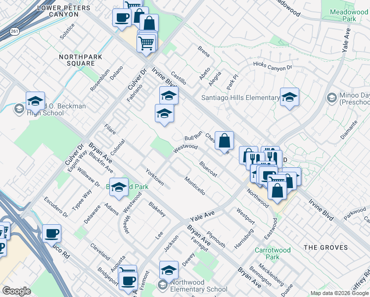 map of restaurants, bars, coffee shops, grocery stores, and more near 64 Bluecoat in Irvine