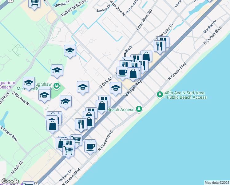 map of restaurants, bars, coffee shops, grocery stores, and more near 505 37th Avenue North in Myrtle Beach