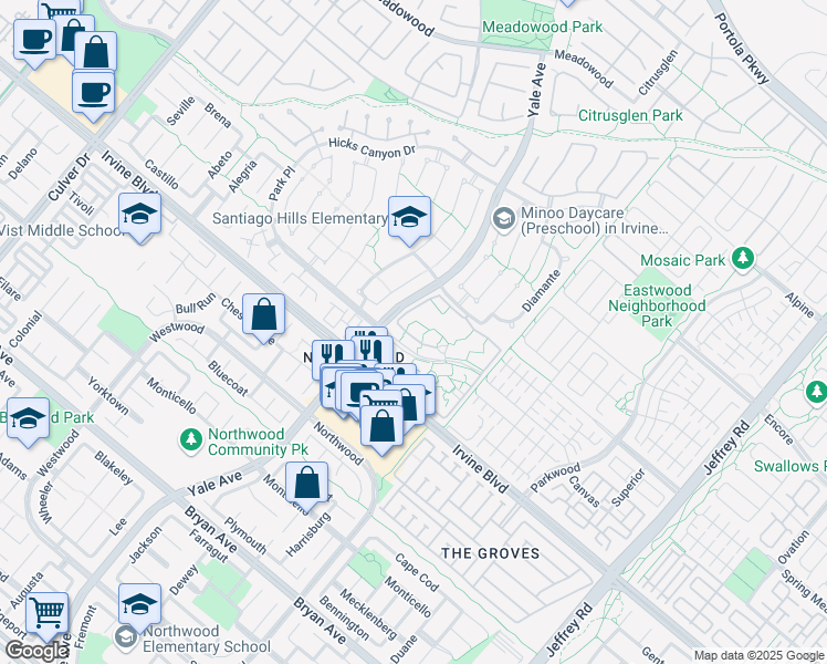 map of restaurants, bars, coffee shops, grocery stores, and more near 54 Lakepines in Irvine