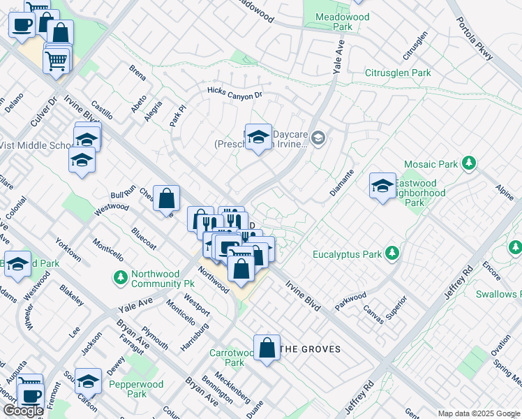 map of restaurants, bars, coffee shops, grocery stores, and more near 54 Lakepines in Irvine