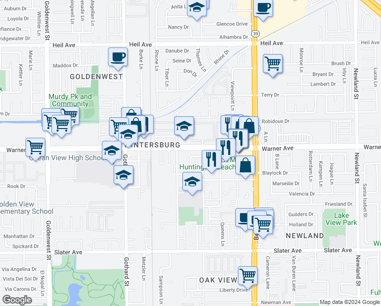 map of restaurants, bars, coffee shops, grocery stores, and more near 7681 Fir Drive in Huntington Beach