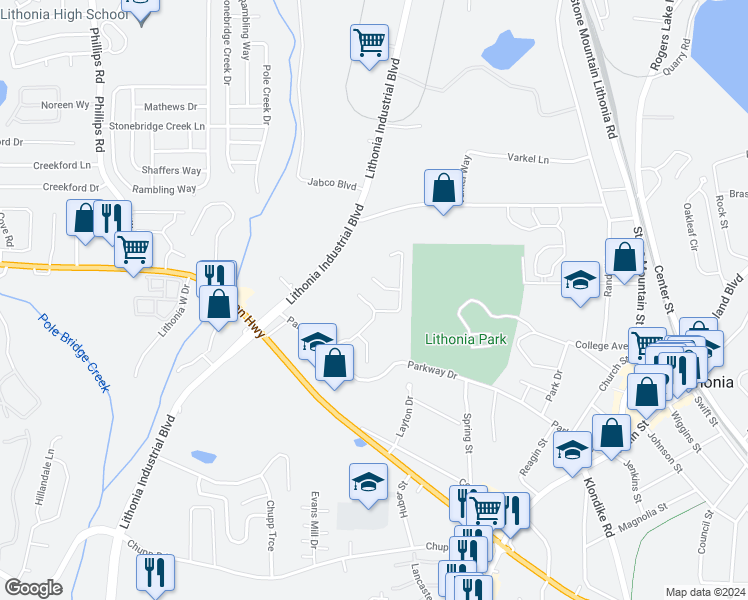 map of restaurants, bars, coffee shops, grocery stores, and more near 2768 Parkway Cove in Lithonia