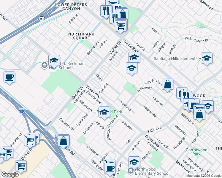 map of restaurants, bars, coffee shops, grocery stores, and more near 10 Brandywine in Irvine